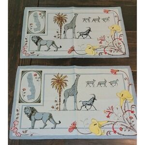 2 VINTAGE Safari Jungle Cloth Placemats - Lion, Giraffe, floral print